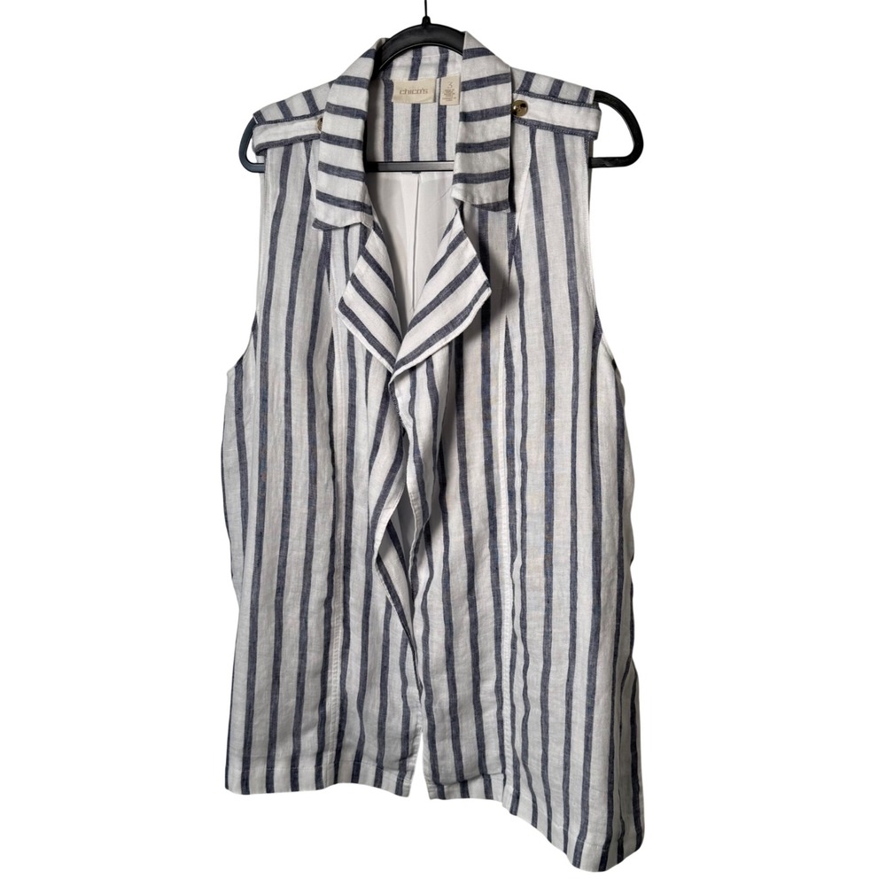 Chicos Striped Linen Sleeveless‎ Open Front Vest Lined Blue White Size XL 3
